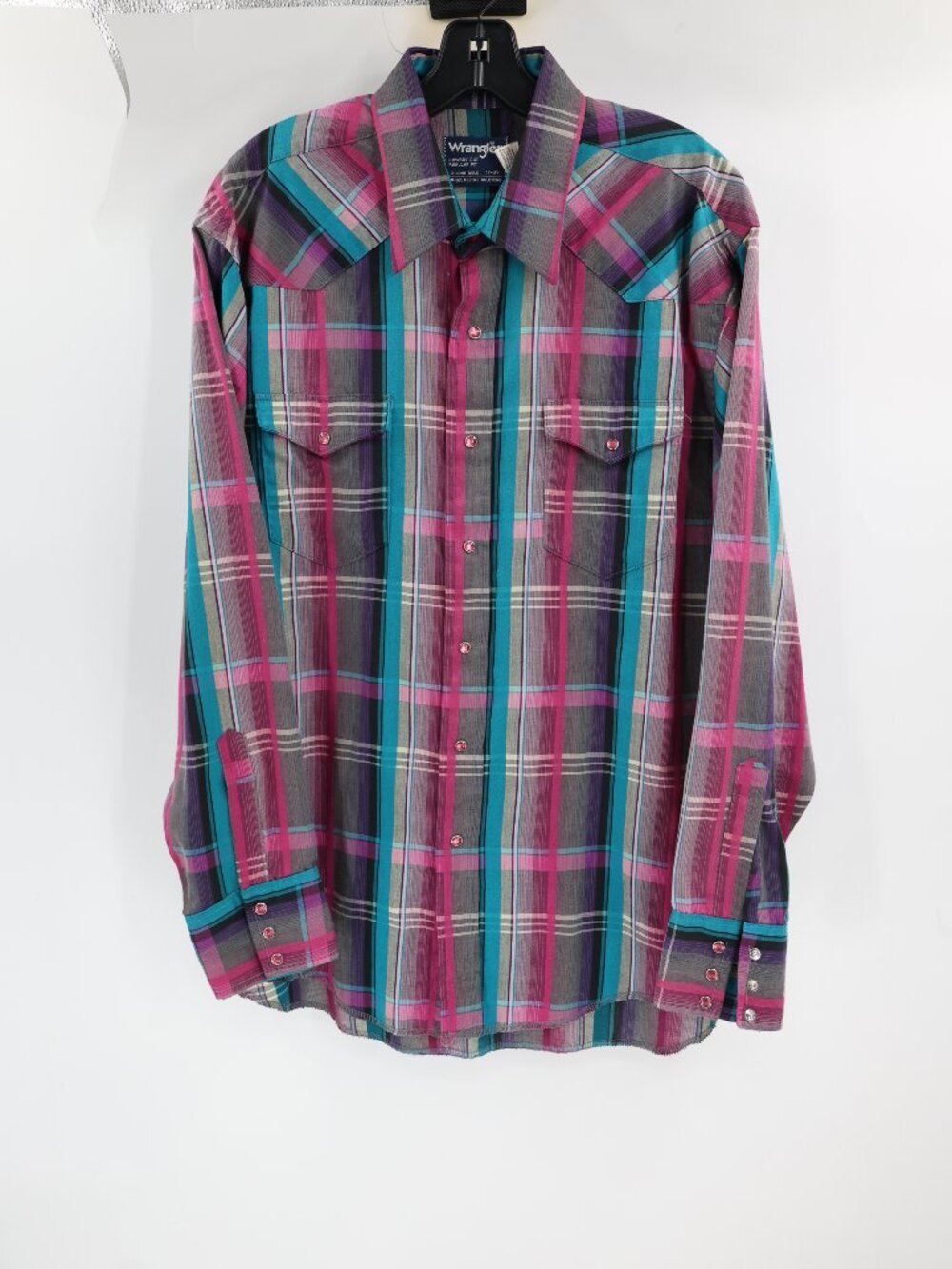 Vintage Wrangler Cowboy Cut Western Shirt 17 35 Pearl Snap Plaid X-Long Tails